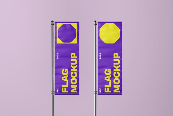 Front view, two purple vertical flag mockups standing in front of the pink wall.