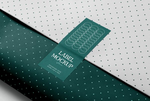 View from above, wrapping paper mockup with green label on it.