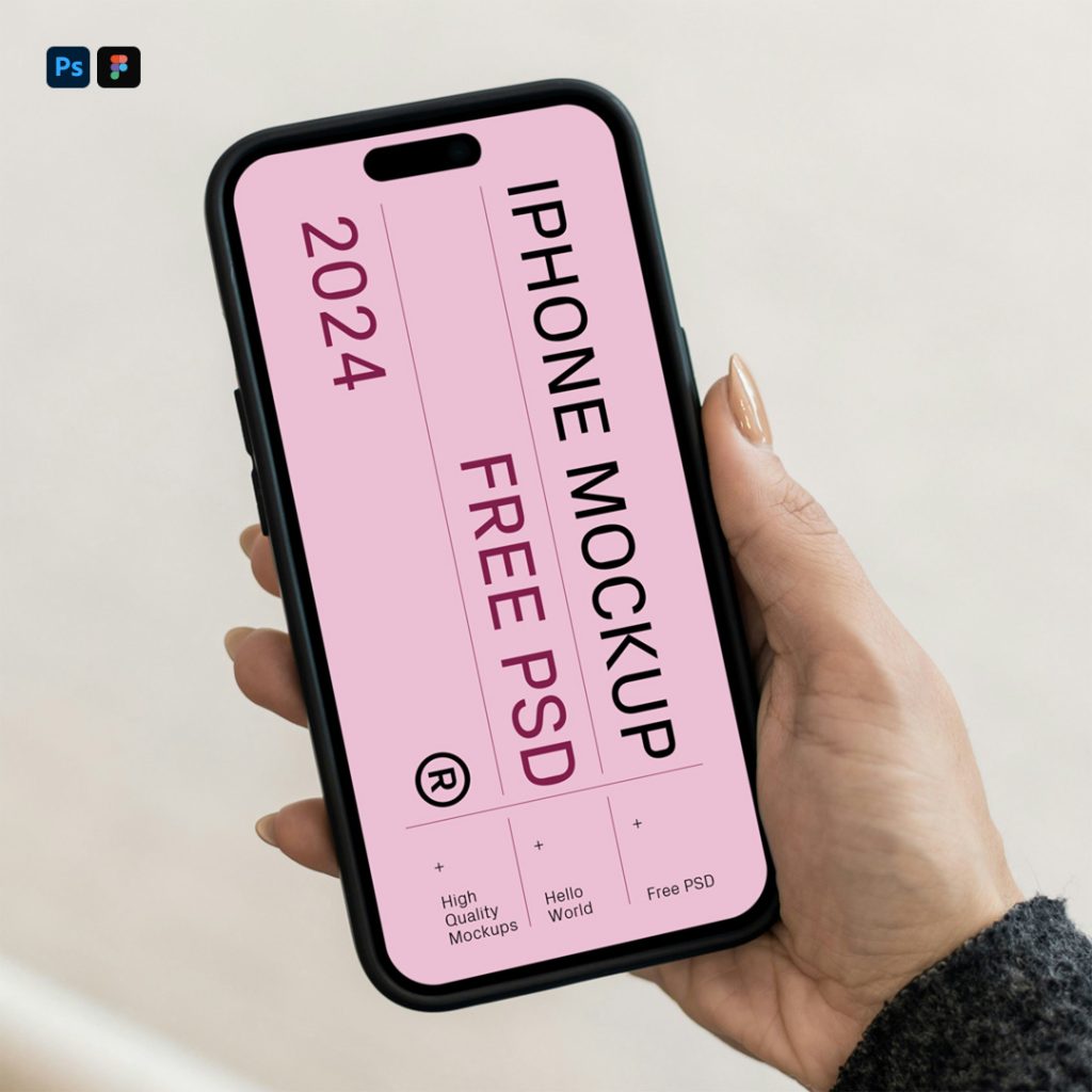 Woman holding iPhone Pro Mockup in hand in front of the bright beige wall.