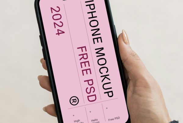Woman holding iPhone Pro Mockup in hand in front of the bright beige wall.