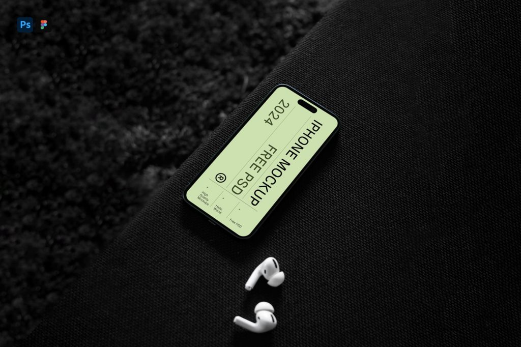 View from above, iPhone Pro Mockup laying on the dark color sofa.