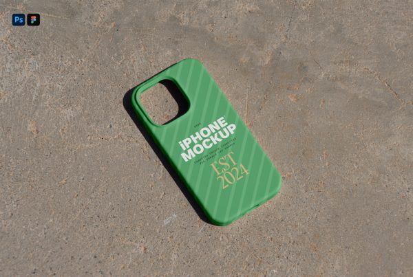 View from above, green iPhone case mockup laying on the concrete floor.