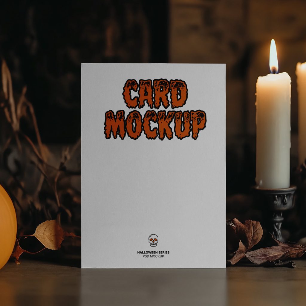 Front view, Halloween paper card mockup standing on the wooden floor.