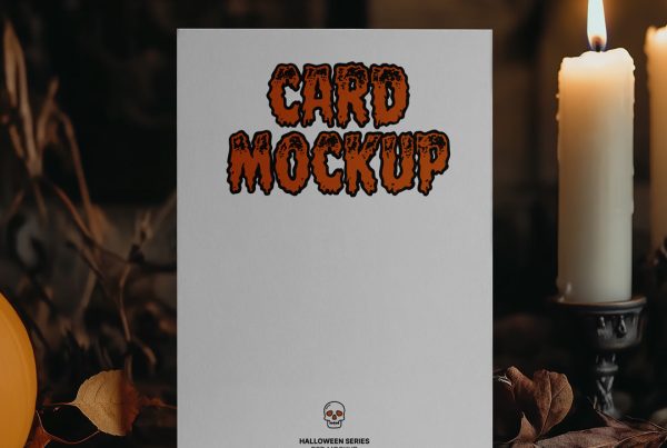 Front view, Halloween paper card mockup standing on the wooden floor.
