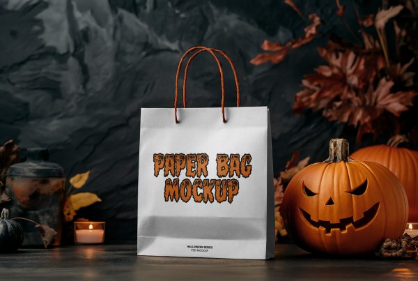Front view, Halloween paper bag mockup standing on the wooden floor.