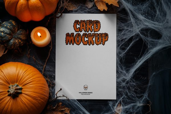 View from above, Halloween paper card mockup laying on the black floor.