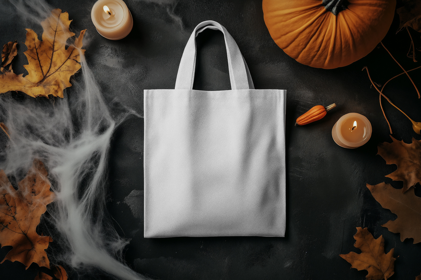 View from above, white Halloween canvas bag mockup laying on the black floor.