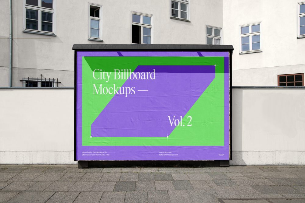 Front view, horizontal city billboard mockup with a green, purple design and black frames attached to the wall with the building in the background.
