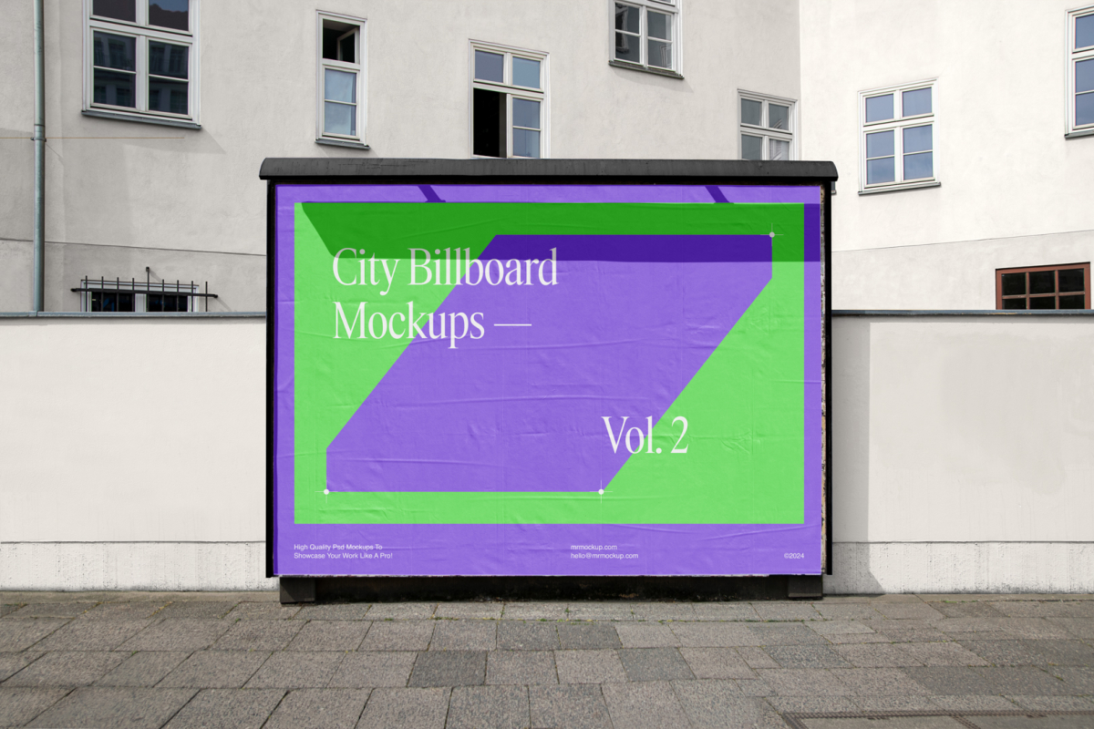 Front view, horizontal city billboard mockup with a green, purple design and black frames attached to the wall with the building in the background.