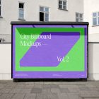 Front view, horizontal city billboard mockup with a green, purple design and black frames attached to the wall with the building in the background.