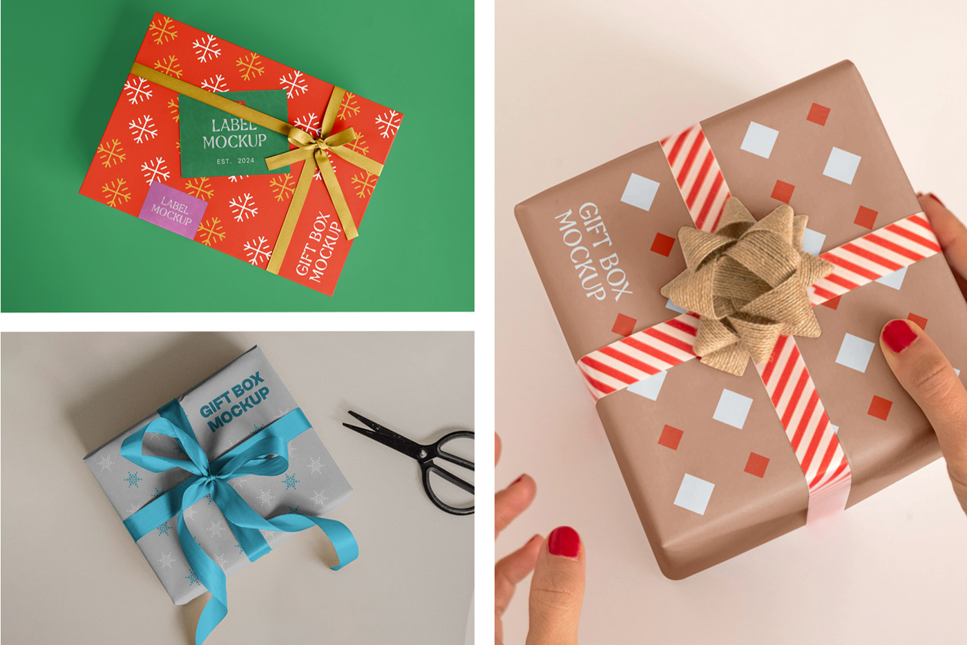 Front view, Three gift box mockups set.