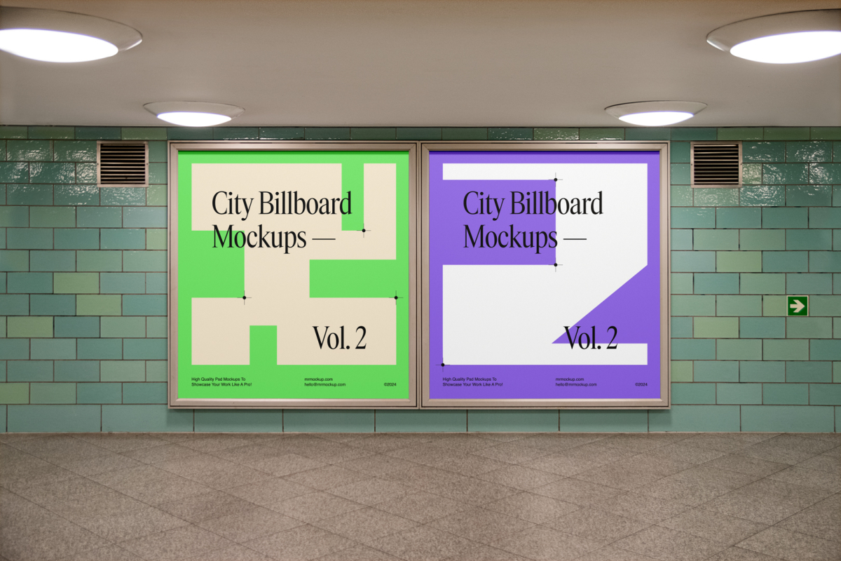 Front view, two square city billboard mockups with green, purple, and black design with silver frames attached to the green wall tiles.