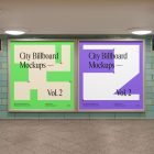 Front view, two square city billboard mockups with green, purple, and black design with silver frames attached to the green wall tiles.