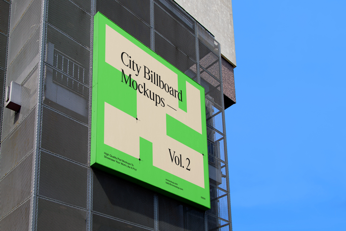 Big square city billboard mockup with bright beige, green design and green coffer attached to the building elevation.