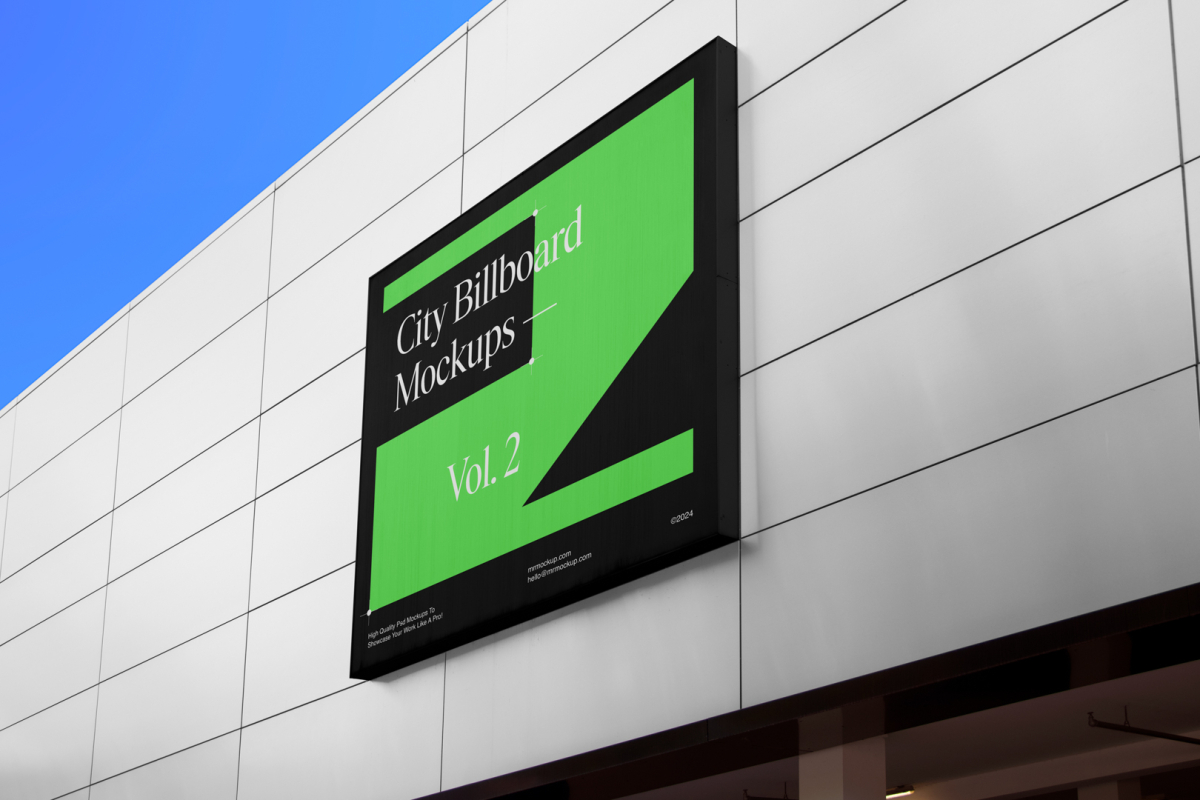 Horizontal city billboard mockup with black, green design and black coffer attached to the bright gray building facade.