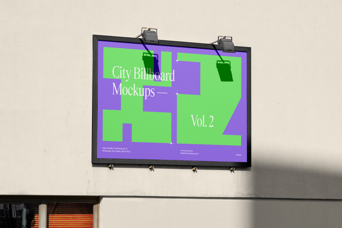 Horizontal city billboard mockup with a green, purple design and black strong frames attached to the building's beige wall elevation.