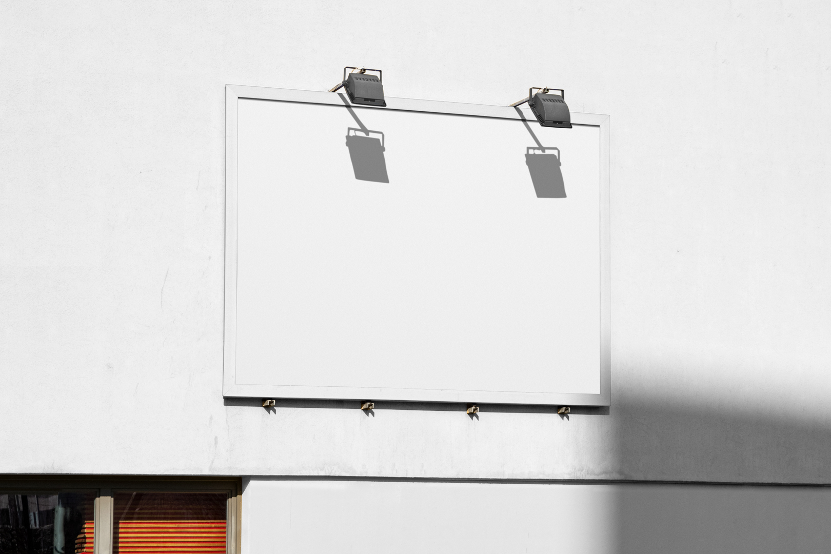 White city billboard mockup with white frames attached to the white building elevation wall.