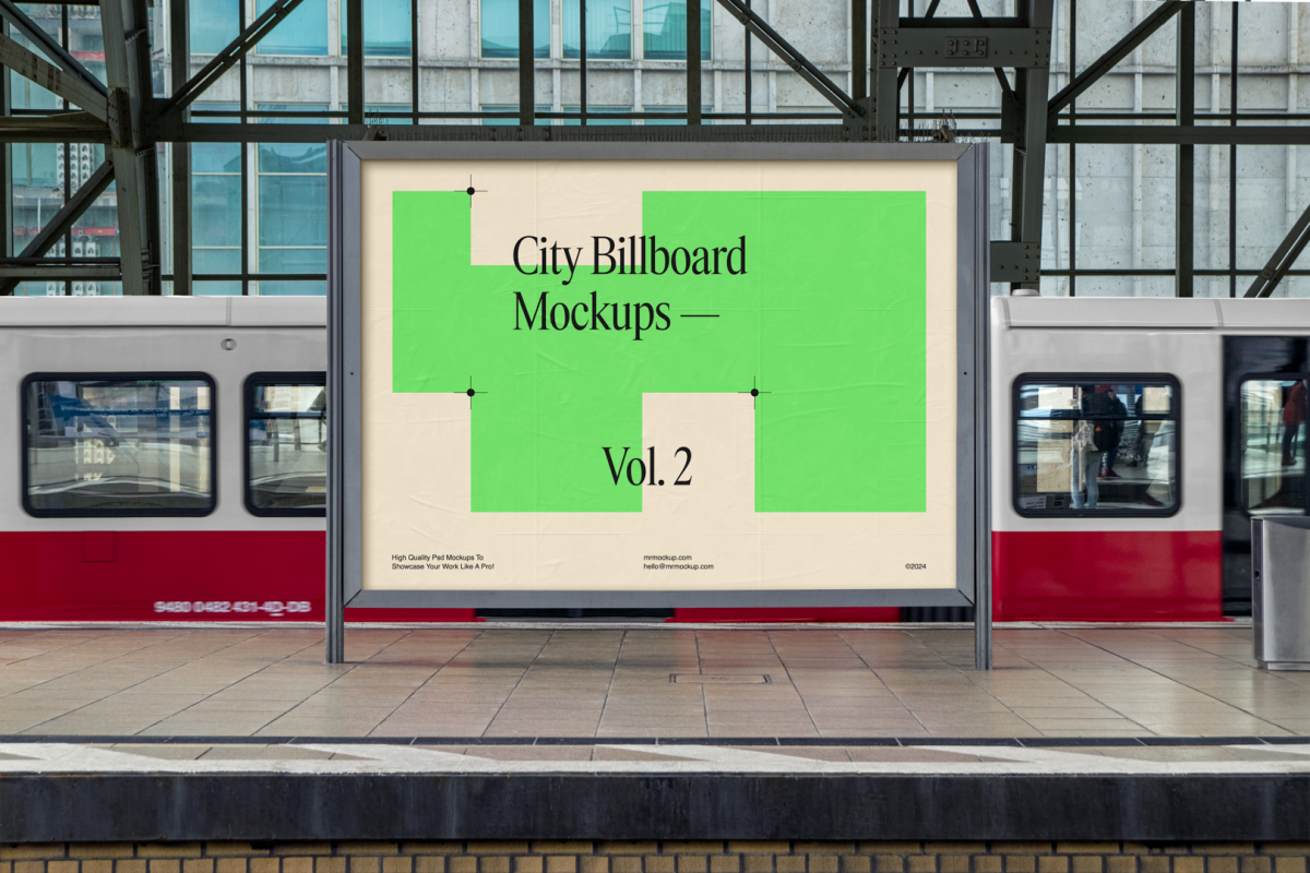 Front view, city billboard mockup with green, beige design and metal gray frames standing on the platform with a subway tram in the background.