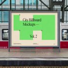 Front view, city billboard mockup with green, beige design and metal gray frames standing on the platform with a subway tram in the background.