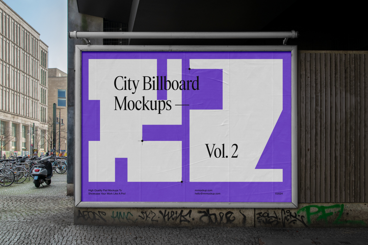 Front view, city billboard mockup with a white, purple design and silver frames attached to the wall in the middle of the city.