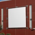 Two white square city billboard mockups attached to the red-colored building elevation wall.