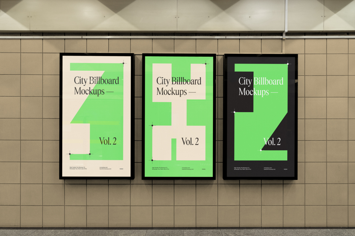 Three vertical city billboard mockups with green, purple, and black design with black frames attached to the beige color wall tiles.