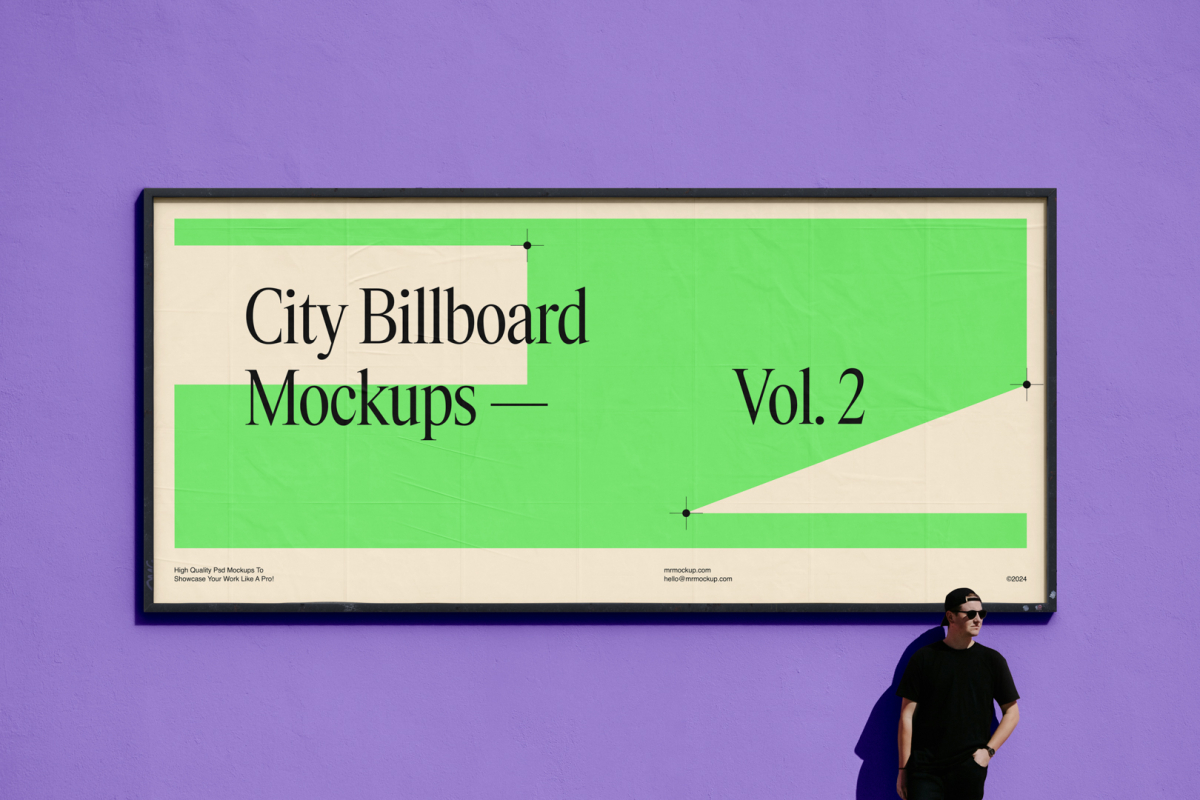 Front view, horizontal city billboard mockup with bright beige, green design and black frames attached to the purple color wall.