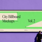 Front view, horizontal city billboard mockup with bright beige, green design and black frames attached to the purple color wall.