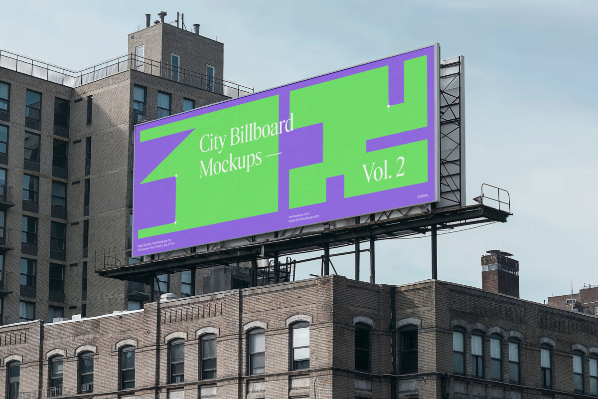 City billboard mockup attached to the roof of the building, with the clean blue sky in the background.