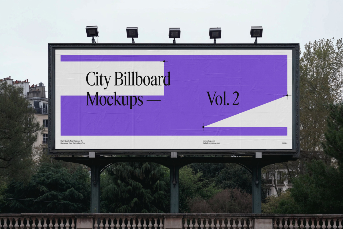 Front view, city billboard mockup with a white, purple design and strong black metal frames standing for city bridge.