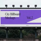 Front view, city billboard mockup with a white, purple design and strong black metal frames standing for city bridge.