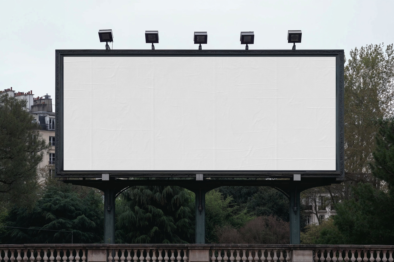 Front view, white city billboard mockup with strong black metal frames standing for city bridge.
