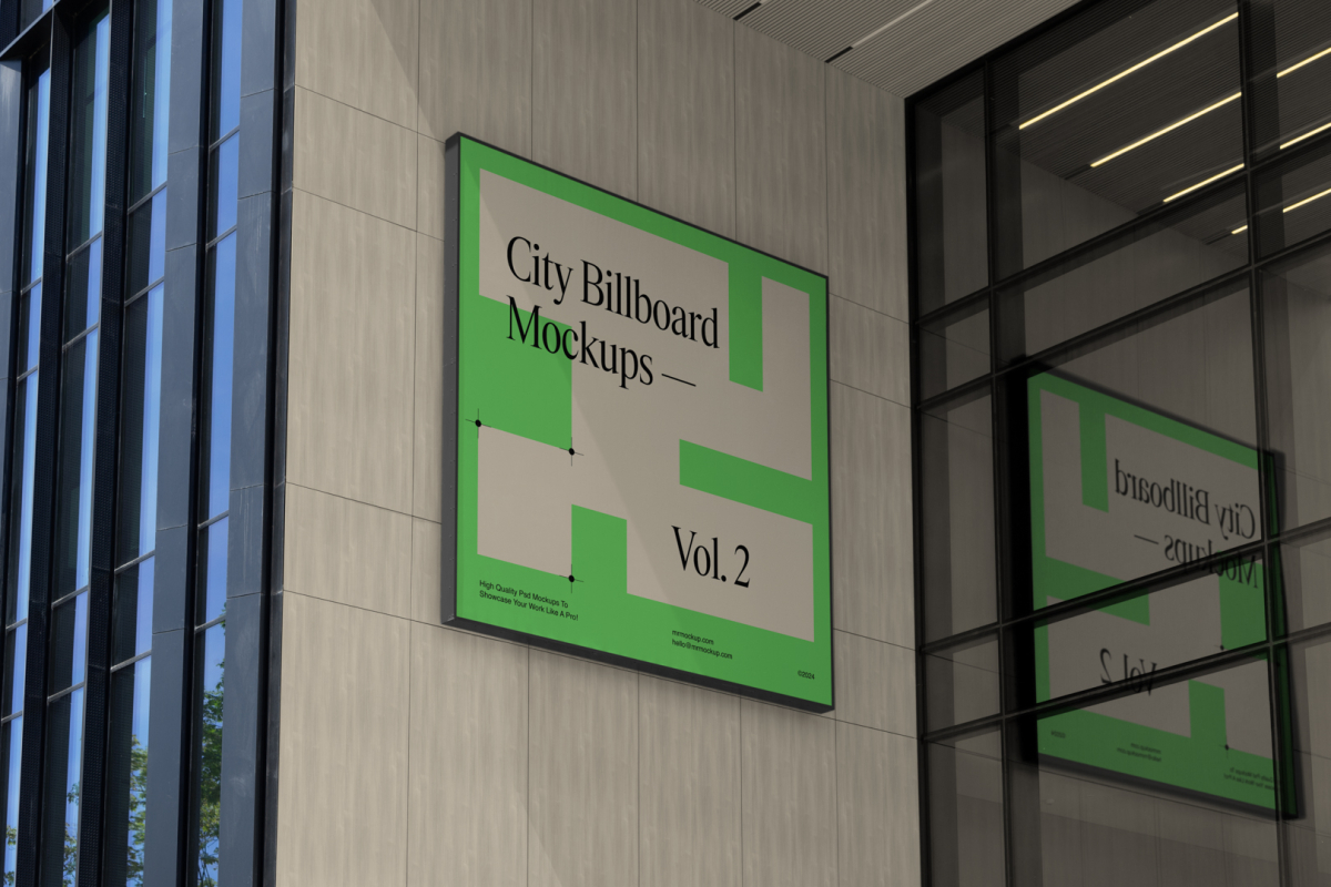 Square city billboard mockup with bright beige, green design and black frames attached to the beige building facade.