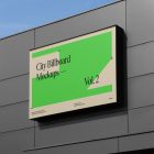 Horizontal city billboard mockup with bright beige, green design and black frames attached to the metal gray building facade.