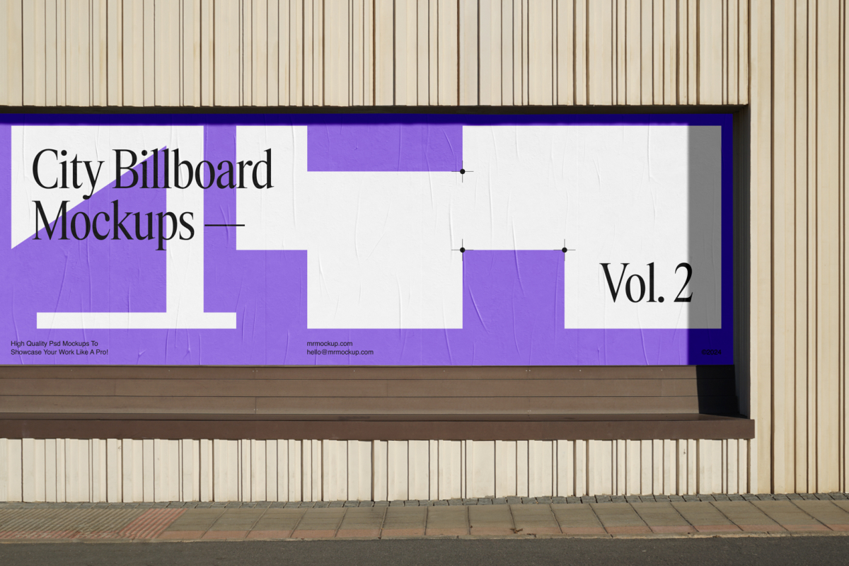 Front view, horizontal city billboard mockup with a white, purple design built into the building elevation.