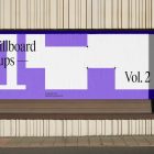 Front view, horizontal city billboard mockup with a white, purple design built into the building elevation.