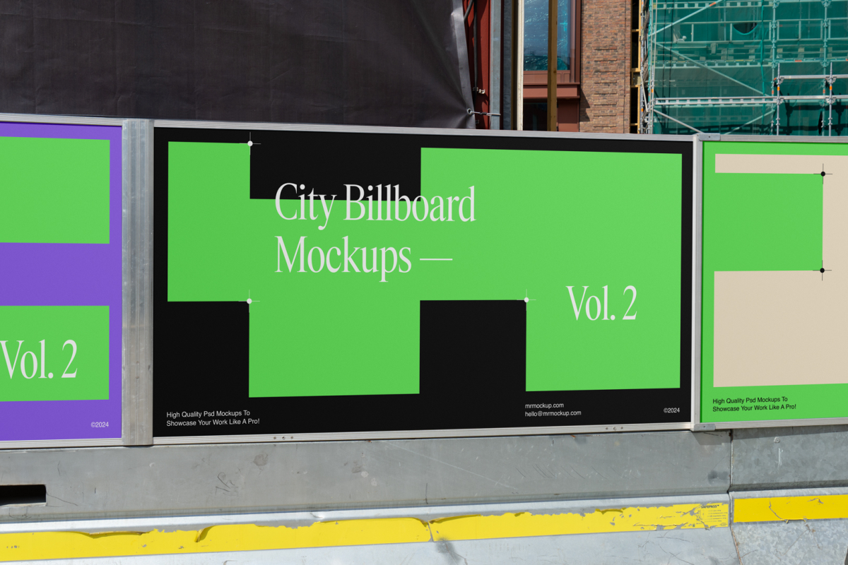 Three horizontal city billboard mockups with a purple, black, beige design hung on the metal fence.
