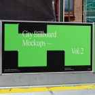 Three horizontal city billboard mockups with a purple, black, beige design hung on the metal fence.