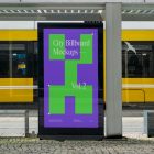 City billboard mockup with a green, purple design attached to the bus stop with a city tram view in the background.