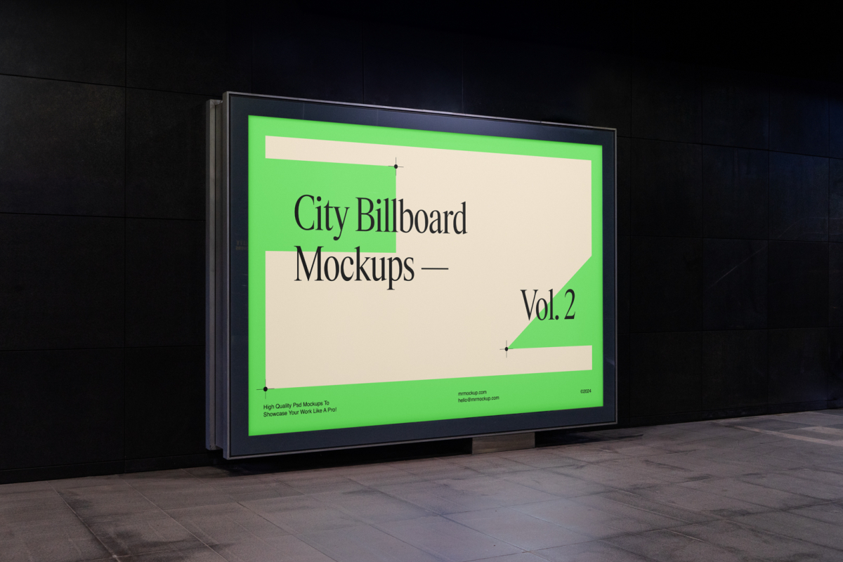 Horizontal city billboard mockup with a green, beige design attached to the black marble wall.
