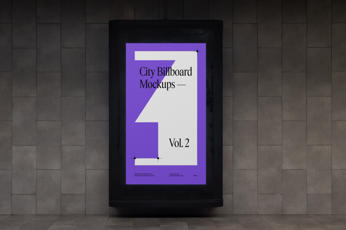 Front view, vertical city billboard mockup attached to the dark gray wall.