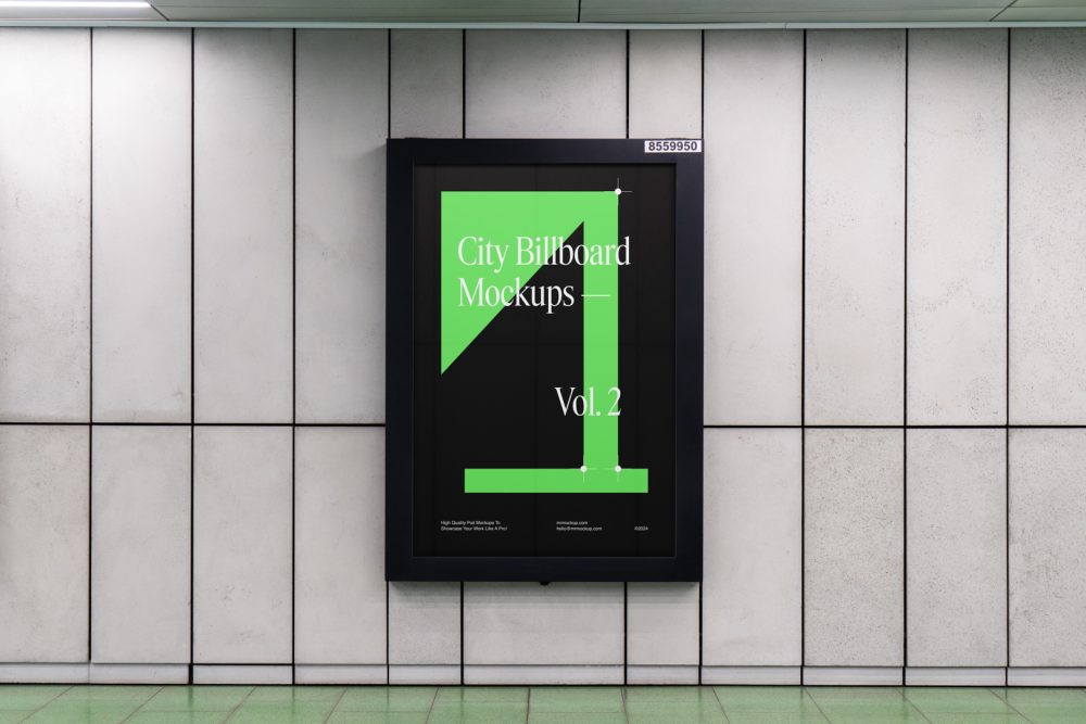 Vertical city billboard mockup with green and black design and black strong frame attached to the gray wall.