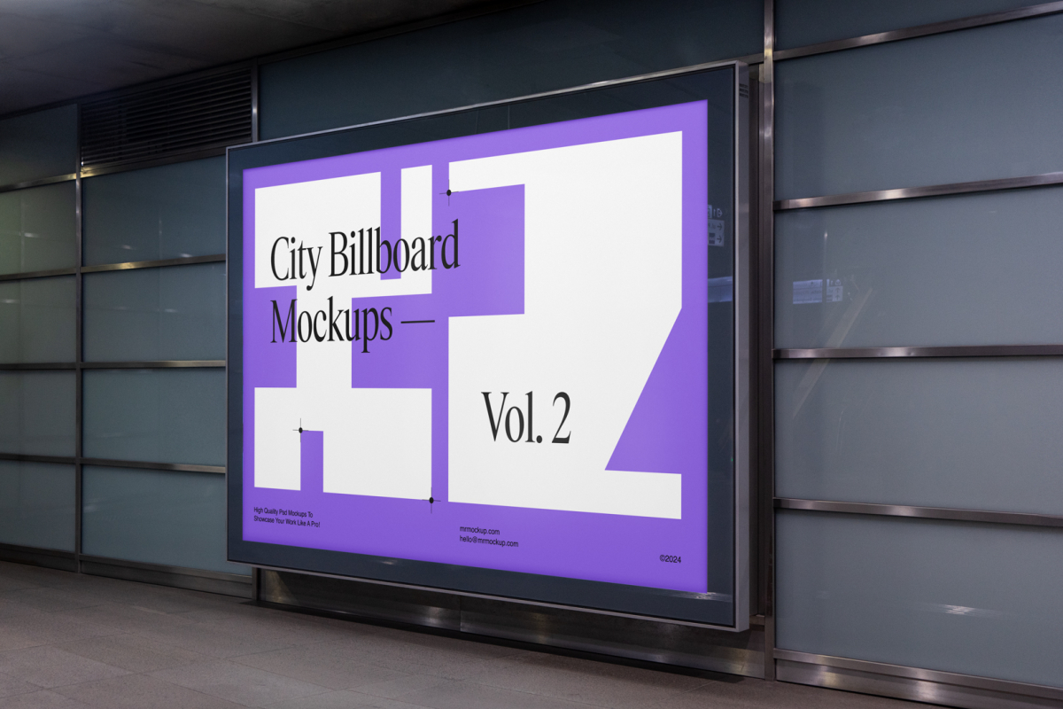 Horizontal city billboard mockup with a white, purple design attached to the wall.