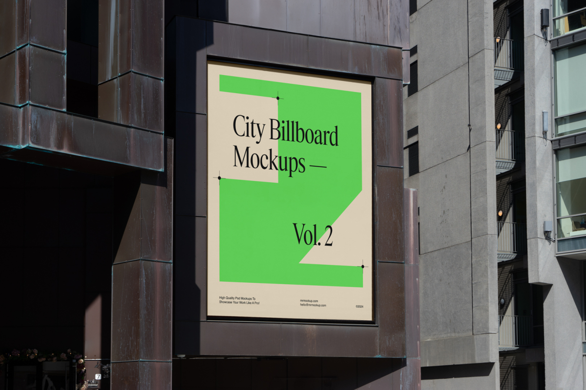 Big vertical city billboard mockup with bright beige, green design attached to the building elevation.
