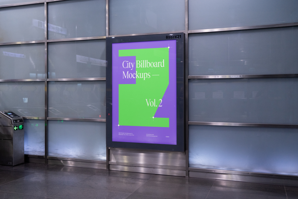 Vertical city billboard mockup with purple design right at the subway station entrance attached to the wall.