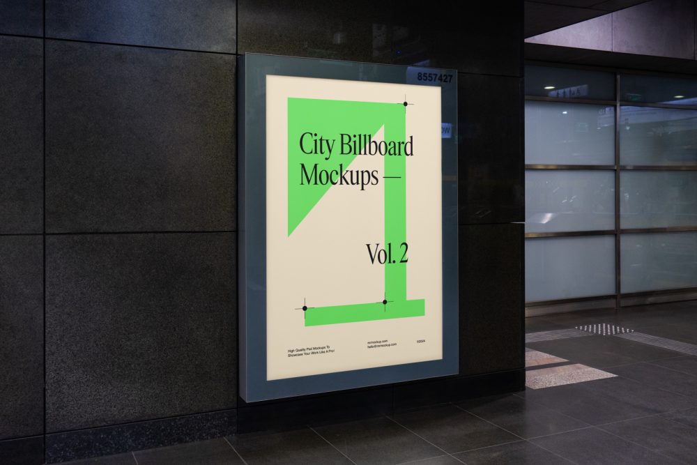 Vertical city billboard mockup with bright beige design attached to the black marble wall.