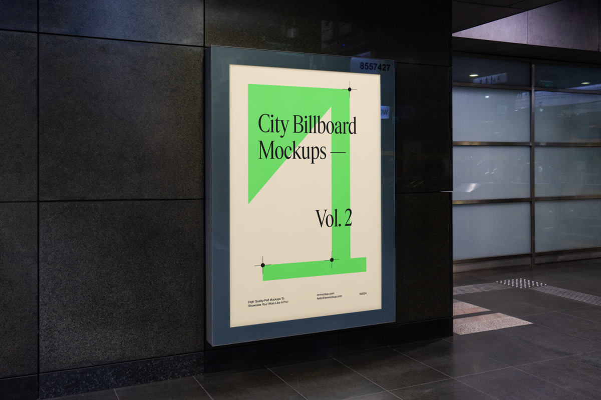 Vertical city billboard mockup with bright beige design attached to the black marble wall.