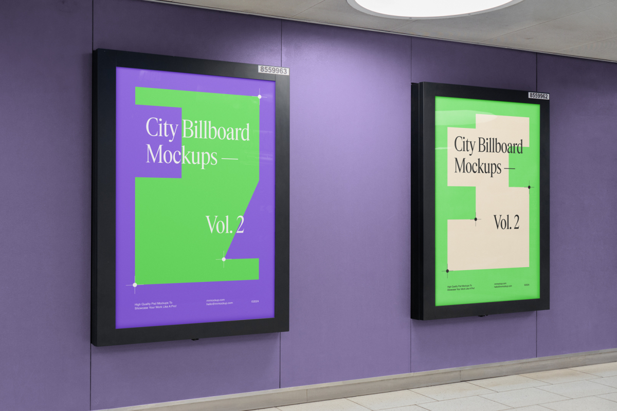 Two vertical city billboard mockups with green and purple design and black strong frames attached to the purple wall.