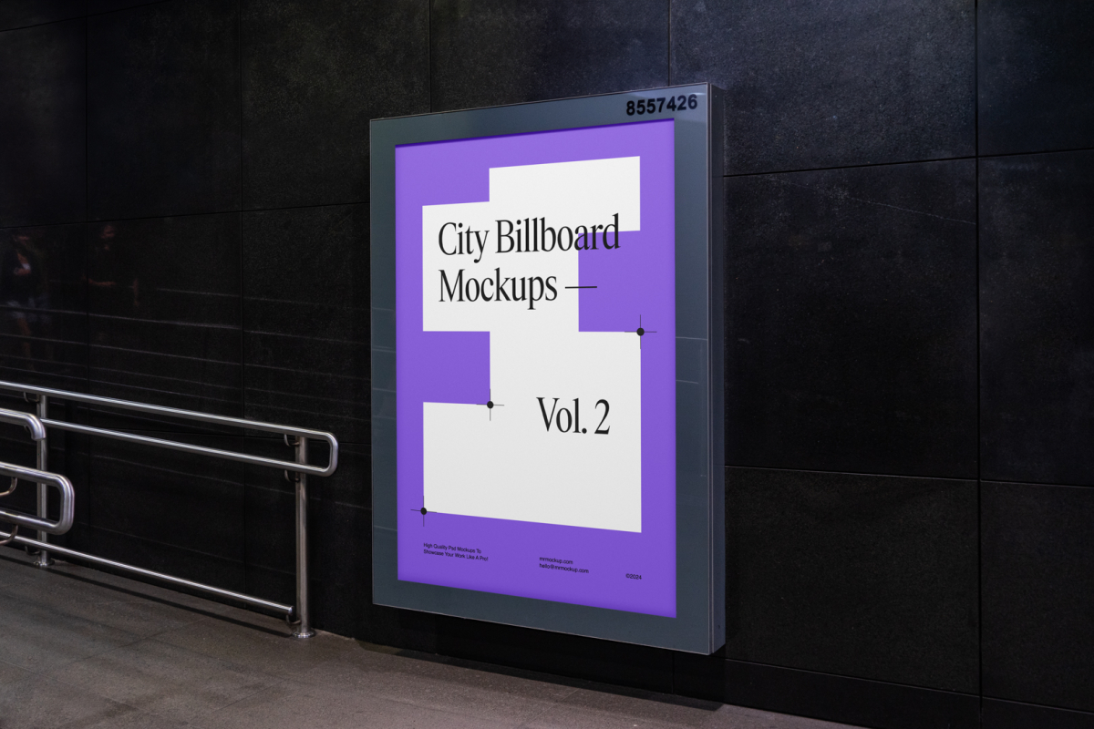 Vertical city billboard mockup attached to the black marble wall.