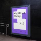 Vertical city billboard mockup attached to the black marble wall.
